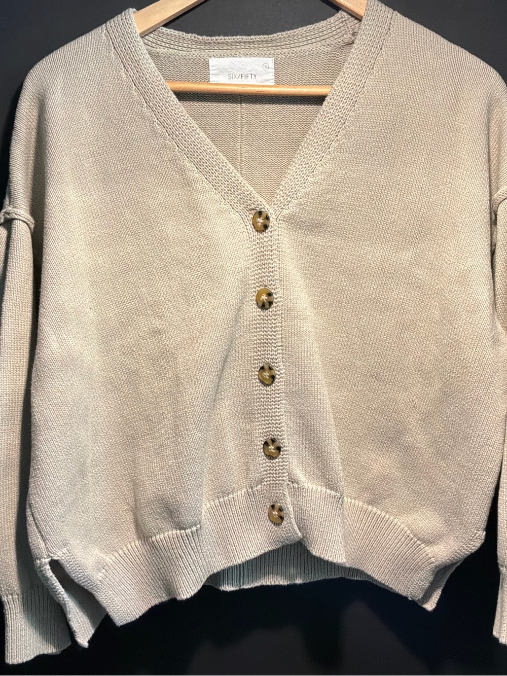 Olive/Tan relaxed-fit v-neck cardigan sweater by the brand SIX/FIFTY Made In USA